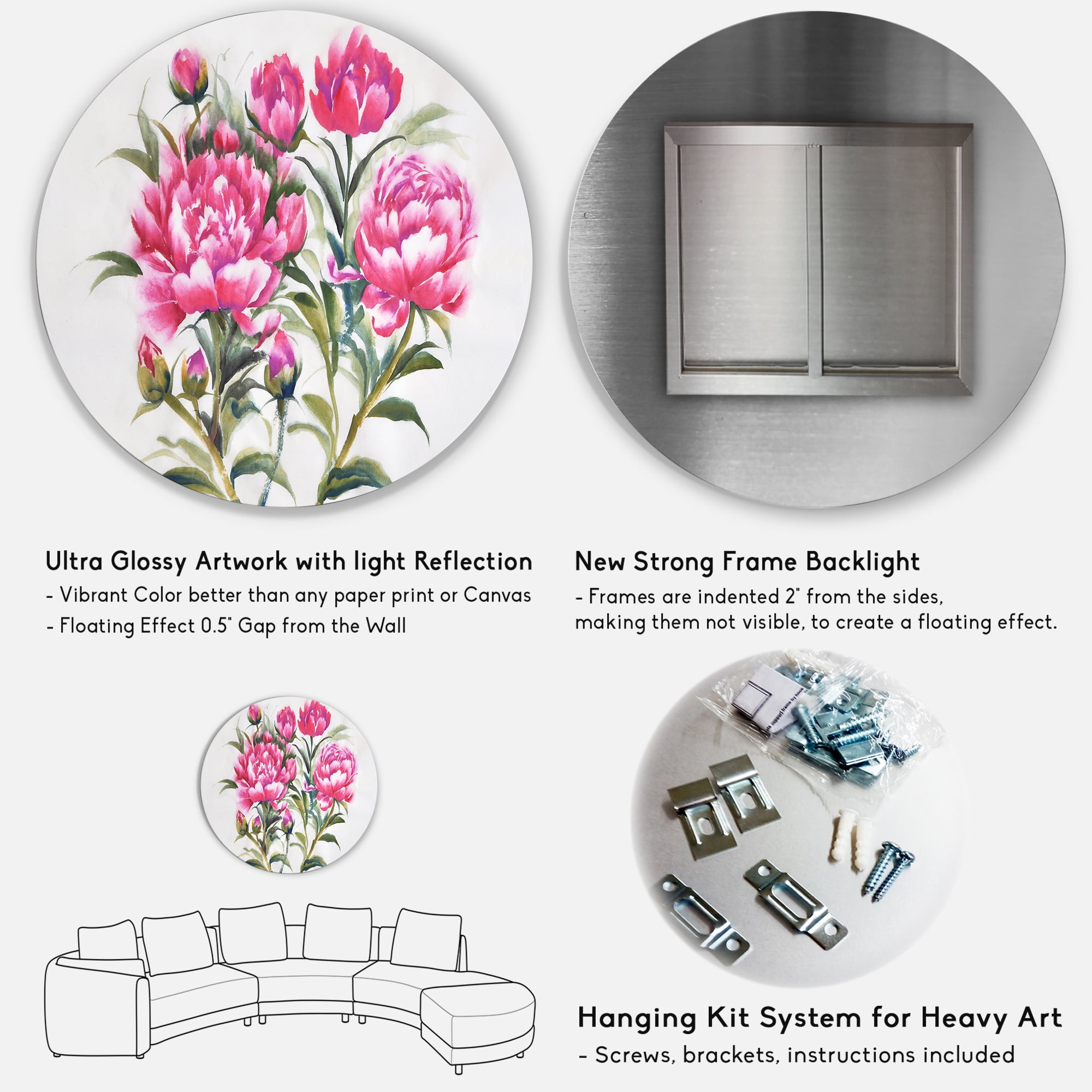 Designart 'Purple Peonies Flowers' Traditional Circle Metal Wall Art 29x29 - Disc of 29