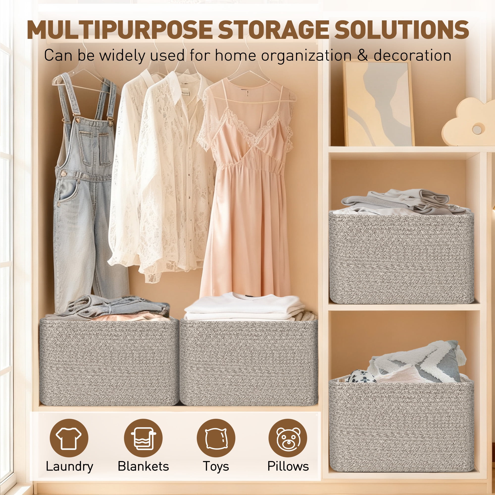3 Pack Storage Basket, 11"x11"x9" (18L) Rectangle Woven Baskets for Storage, Cotton Rope Basket for toys, Towel Baskets, Closet Organizer Bins Shelves Organizer, Decorative Basket(Brown)