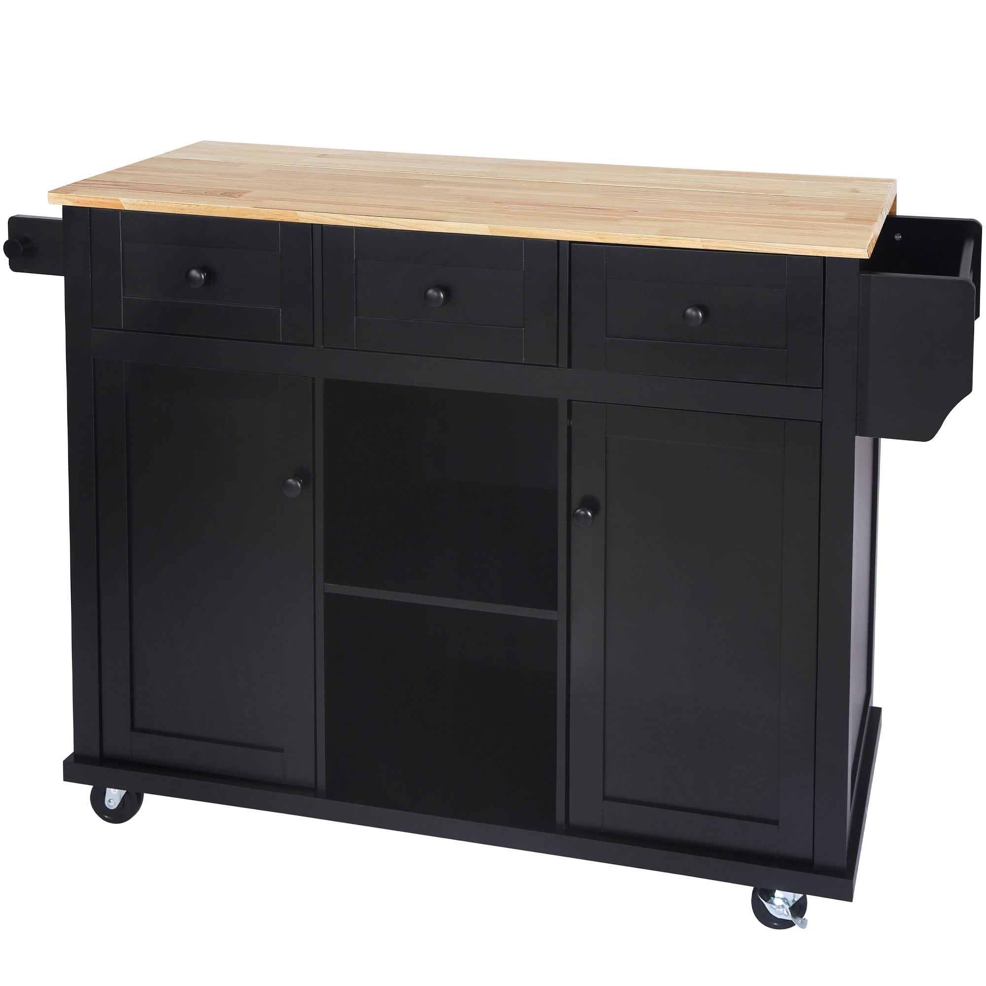 DEALTOPS Has Wheels Kitchen Island Cart with Storage Cabinets, Rubber Wood Black, 53.10 in