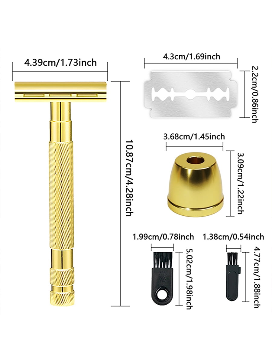 Waysh Safety Razor with Knurled Grip Handle, Complete Double Edge Razor Gift Set with Stand and 20 Blades, Gold