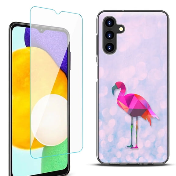 Slim-Fit Protective Fashion Phone Case (Black) for Samsung Galaxy A13 5G, with Tempered Glass Screen Protector, by OneToughShield ® - Flamingo / Polygon