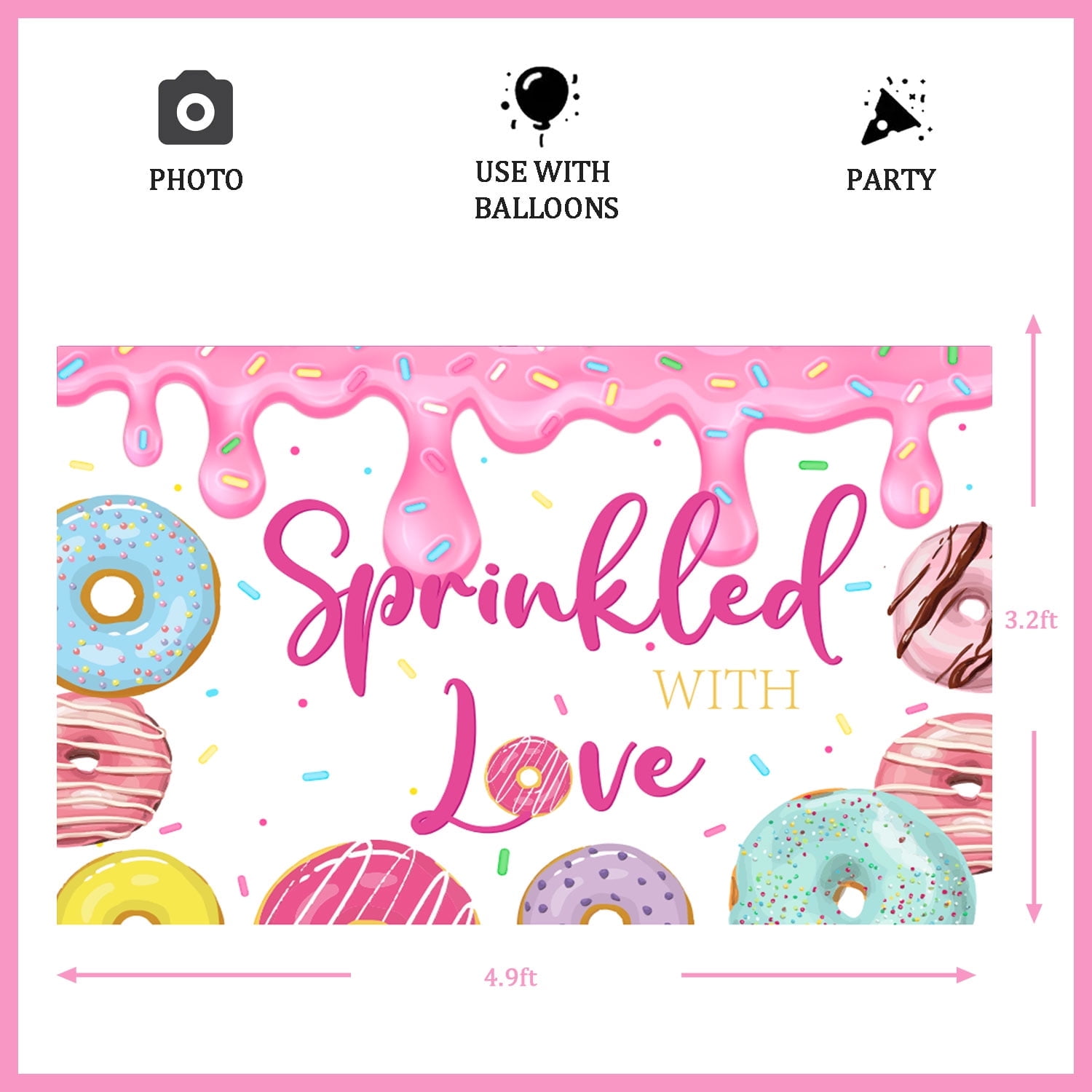 Donuts Sprinkled With Love Backdrop, Sprinkle Donut Banner Baby Shower Decorations for Girl, Glitter Pink Girls Birthday Party Banner Decorations Party Supplies