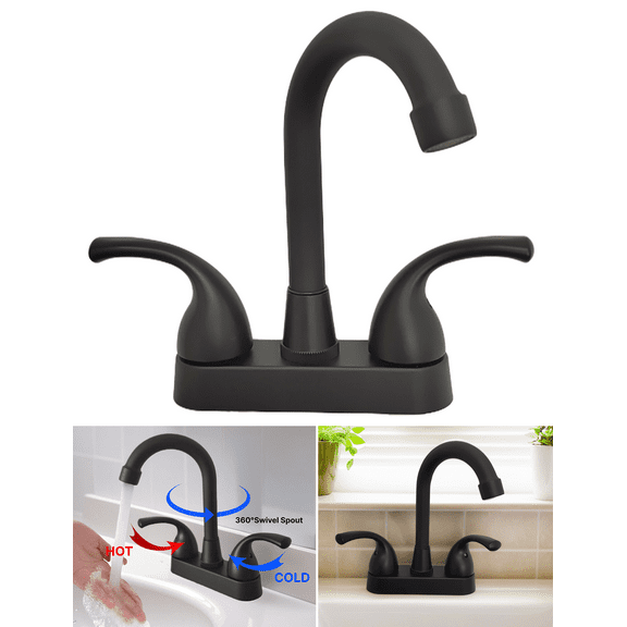 Bathroom Sink Faucet 4 Inch 2 Handle Centerset Fit for 2 or 3 Holes, 360 Swivel Spout RV Camper Bathroom Vanity Sink Faucets, Matte Black
