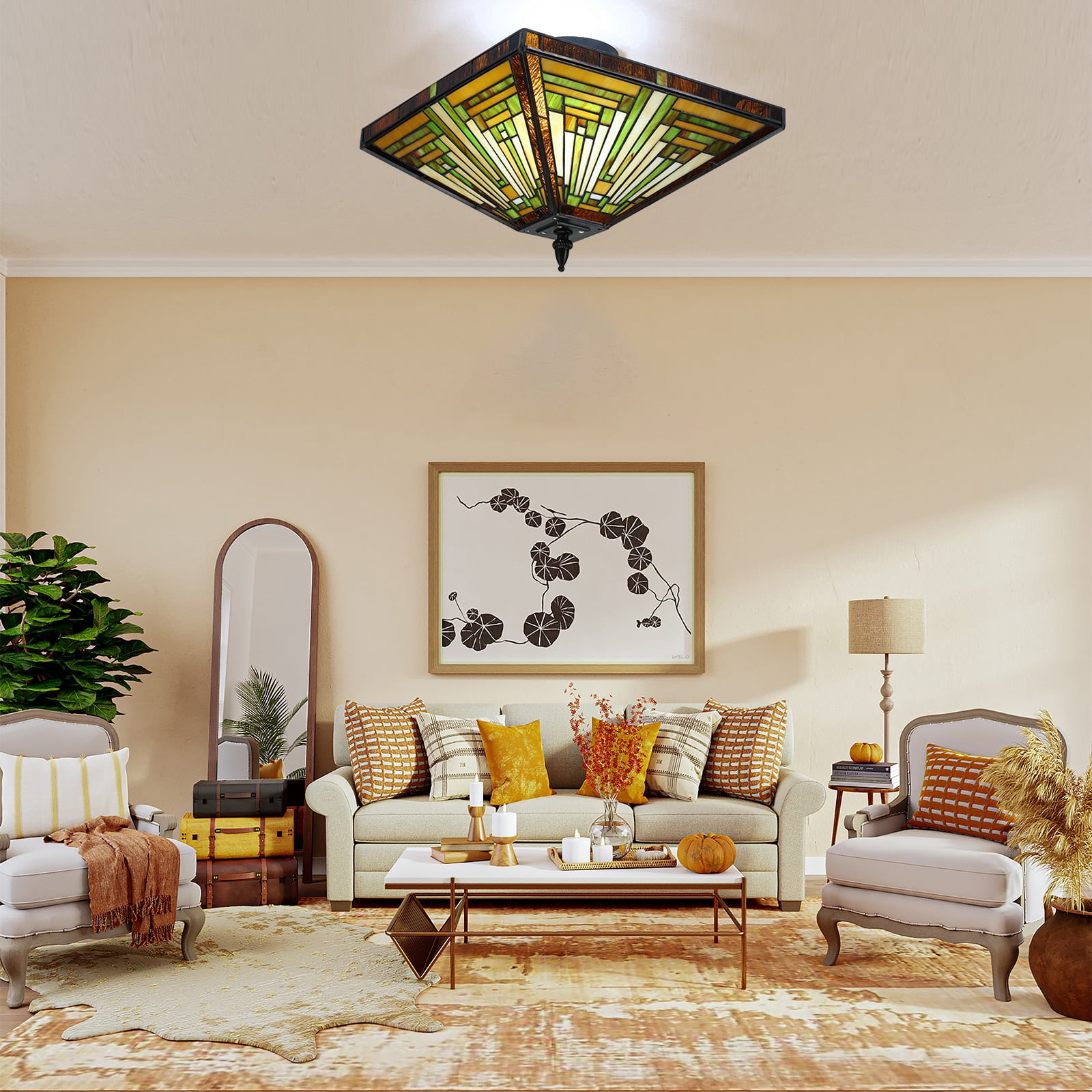 Vintage Tiffany Style Flush Mount Ceiling Light Fixture with Stained Glass Shade 2-Light Ceiling Lamp with Round Canopy Multicolor Finish