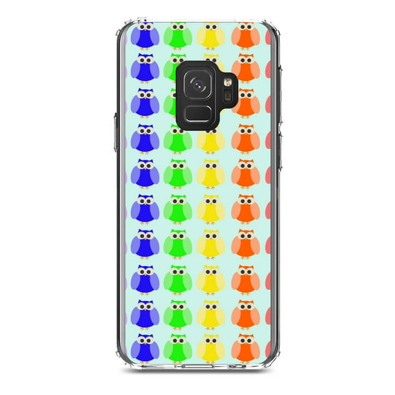 DistinctInk Clear Shockproof Hybrid Case for Samsung Galaxy S9 (5.8" Screen) - TPU Bumper, Acrylic Back, Tempered Glass Screen Protector - Rainbow Owls Cartoon - Cartoon Owls