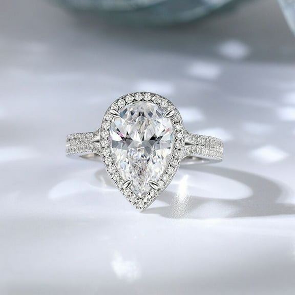 Bow Jewelry 14K White Gold Plated Wedding Teardrop Ring - Pear Cut 1.97 Ct Moissanite Ring - Wonderful Engagement Halo Ring - Wedding Bridesmaid Gift - Party Wear Moissanite Ring
