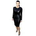 thumbnail image 4 of Femmes Sexy Robe d'Été Mode Dames O-Cou Manches Longues Genou-Longueur en Cuir Robe Gaine Crayon Jupes, 4 of 6