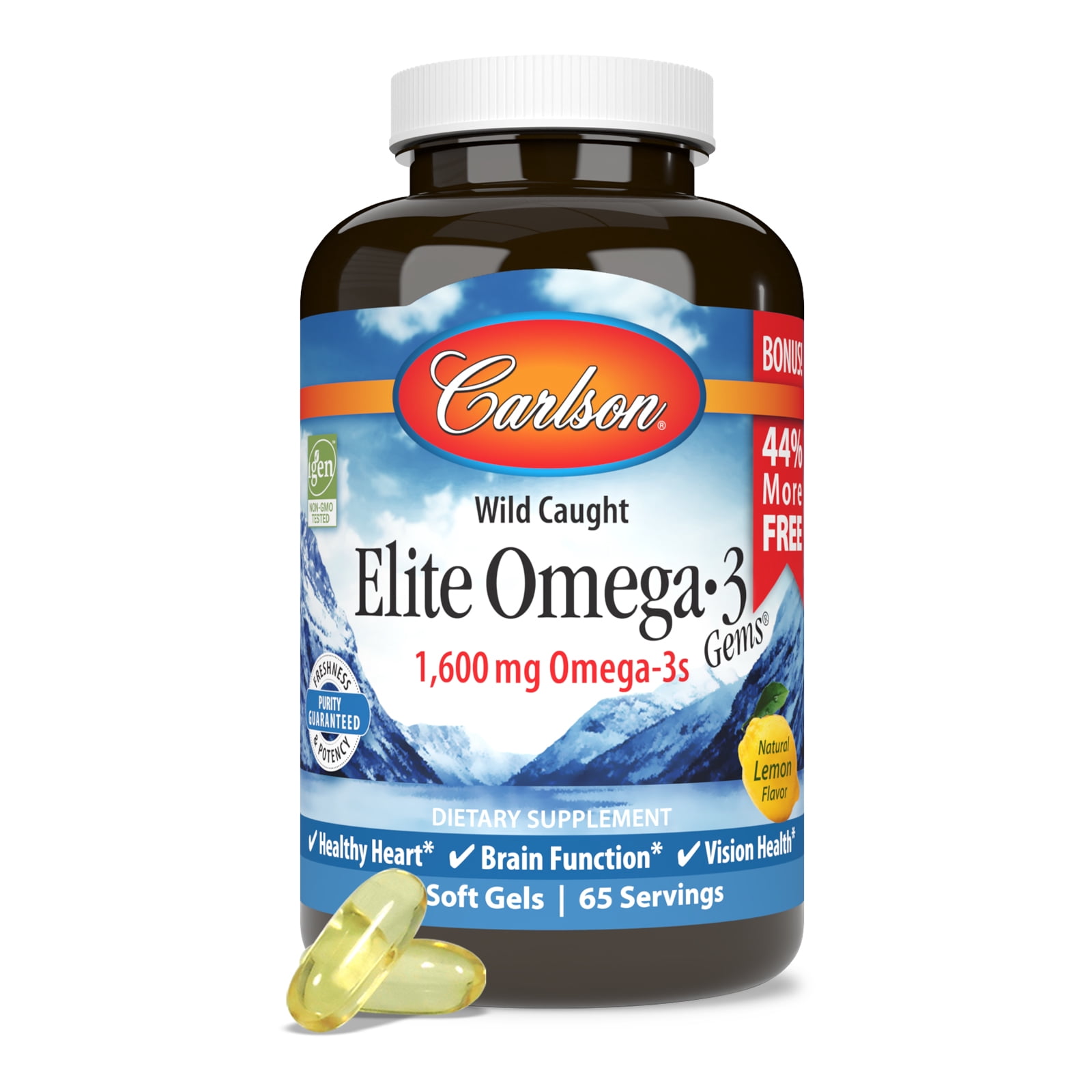 Carlson - Elite Omega-3 Gems, 1600 mg Omega-3s, Norwegian, Wild Caught, Sustainably Sourced, Lemon, 130 Softgels