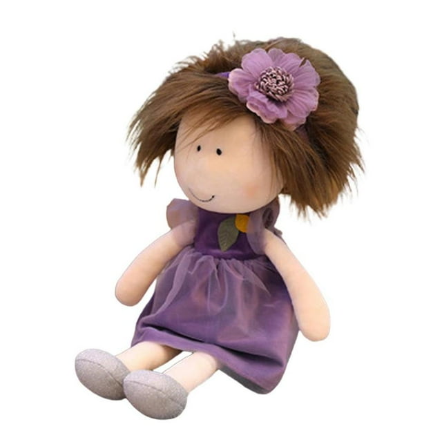 freestylehome Baby Doll with Clothes Cute Soft Rag Doll, a 35cm plush doll with brown hair, embroidered facial features, and a purple dress with a flower accessory. Perfect for nursery decor, play areas, or as a sleeping partner for children. Lightweight and soft, suitable for hugging, travel, or as a unique Christmas gift.