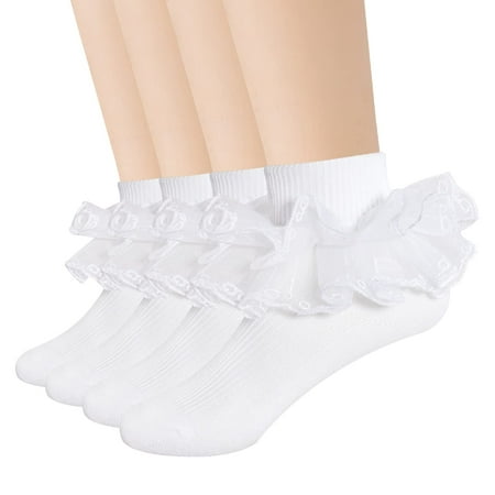 

4 Pairs Toddler Girls Big Ruffle Lace Socks White Cotton Soft Cute Frilly Princess Dress Ankle Socks Little Kids 4-6Years