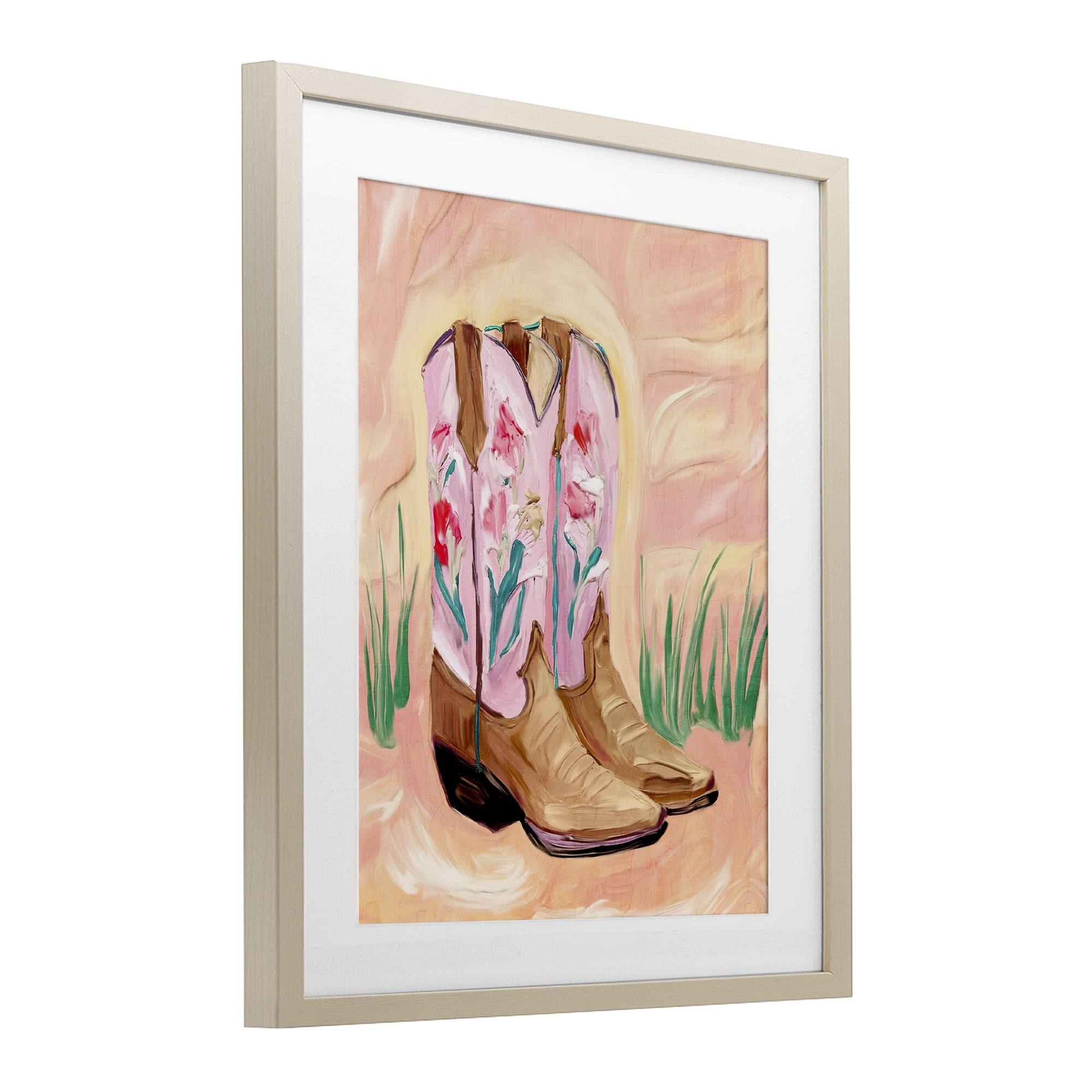 Floral Pinks Boots Birch Framed Print Under Glass, design by Kim Allen