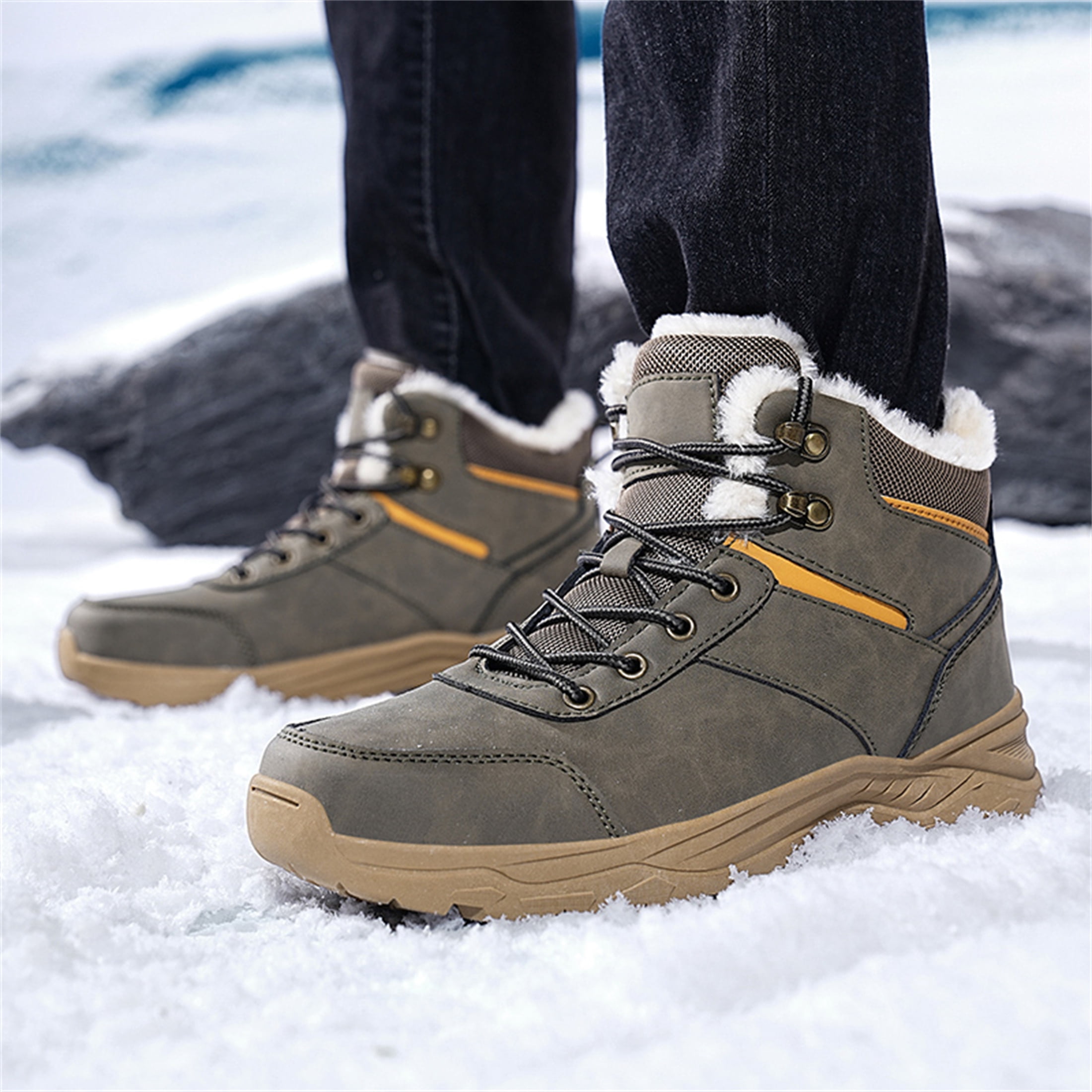 YOURDIARY Men's Ankle High Waterproof Hiking Boots Outdoor Snow Boots Trekking Trails Shoes Faux Fur Lining