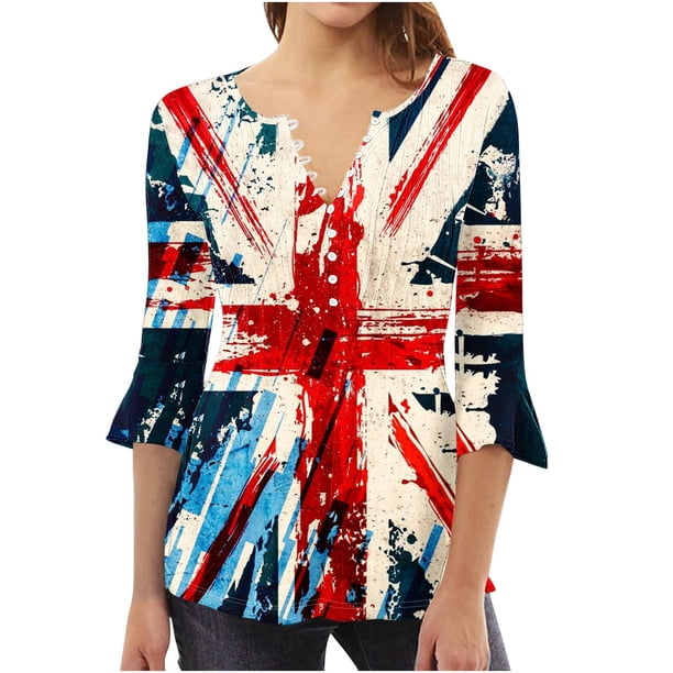 Blusas de Algodón para las Mujeres Impresas 3/4 Mangas V-Cuello Camiseta, Blusa de Algodón de Imitación Casual para las Mujeres