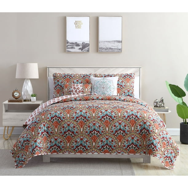 VCNY Home Paiten Reversible Damask Quilt Set, Twin/Twin XL, Red