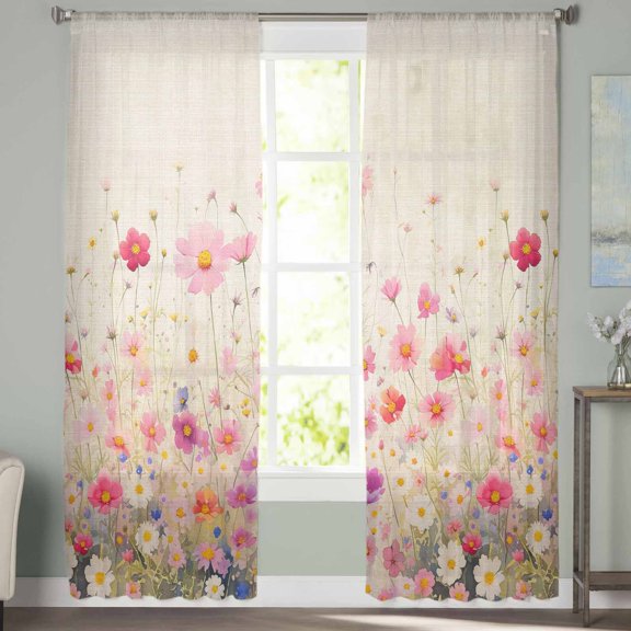 Sheer Curtains 72 inches Long, Watercolor Red Pink Floral Linen Texture Light Filtering Sheer Window Curtains Rod Pocket Voile Drapes for Bedroom Living Room, 52"W x 72"L 2 Panels