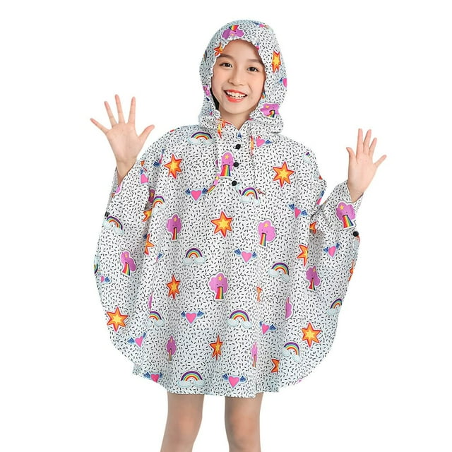 Children‘s Boys Girls Dinosaur Rainbow Printed Button Rain Jacket Hooded Windproof Raincoat