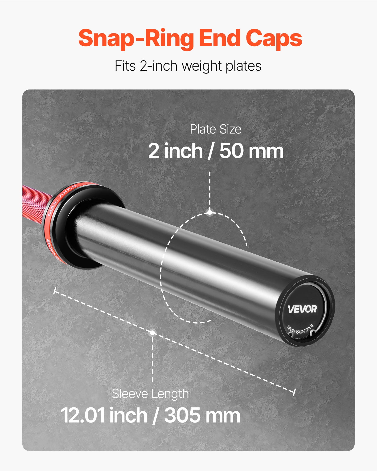VEVOR 6FT Barbell Bar, Fits 2-Inch Weight Plates, Barbell Bar with Knurled Grip for Strength Training, Weightlifting, Squat, Deadlift, Bench Press, Curl, Overhead Press, 700lbs/317kg Capacity