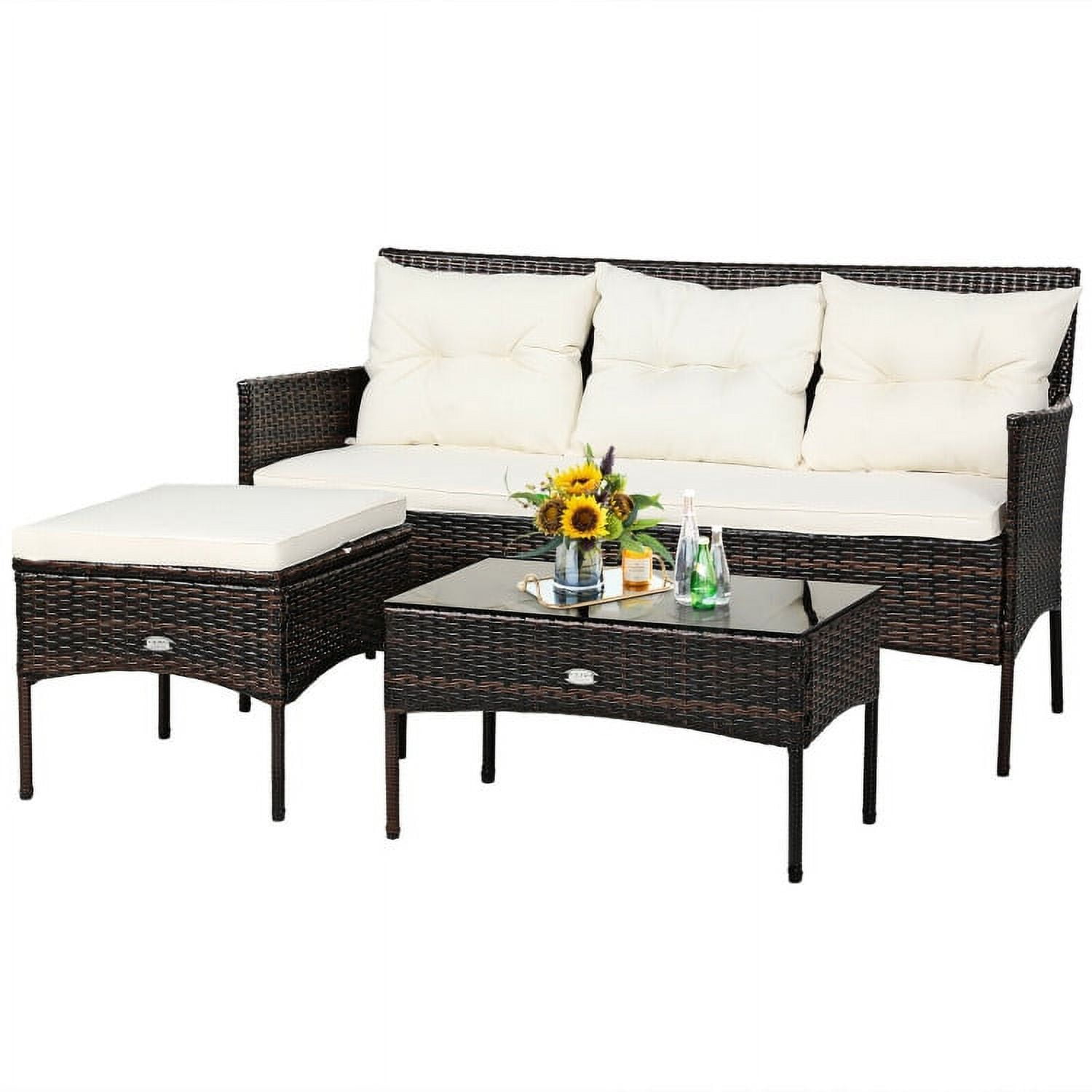 Aimee Lii 3 Pieces Patio Furniture Sectional Set with 5 Cozy Seat and Back Cushions, Outdoor Wicker Patio Furniture Set, White