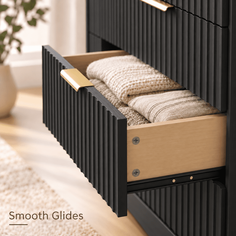 Lacoo 6 Drawer Dresser, 47'' Wide Fluted Dresser with Gold-Tone Handles, Wood Storage Chest with Smooth Glides, Modern Low Dresser for Bedroom, Living Room, Black
