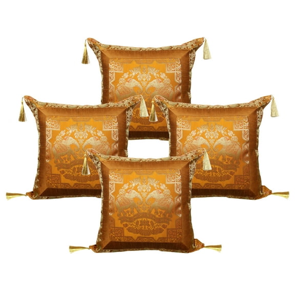 Stylo Culture Indian Brocade Living Room Throw Pillow Sham Covers Mustard Yellow Gold 18x18 Jacquard Tassels Sofa Cushion Covers 45 x 45 cm Polydupion Silk Zippered Elephant Pillow Cases | Set Of 4