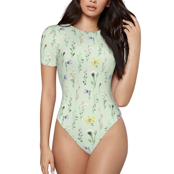 Cauagu Wildflower Watercolor 5 Women's Crew Neck Round Short Sleeve T Shirts Tops Bodysuit Daily Jumpsuit-Small