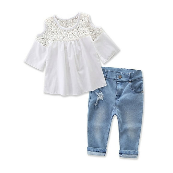 Sweet Girl Lace Design Off Shoulder 3/4 Sleeve Blouses and Jeans 2 pcs Outfit Set (3T)