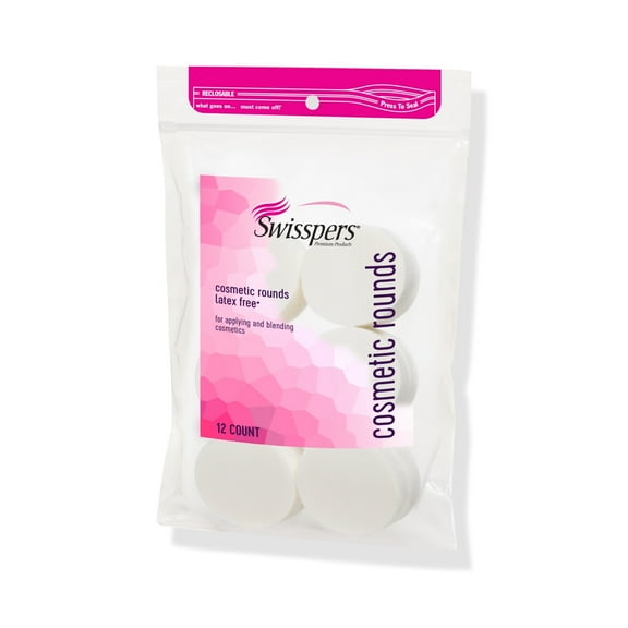 Swisspers Premium Cosmetic Rounds, Makeup Application Sponge, Soft Foam, Cruelty-Free, Vegan, Hypoallergenic, Natural Latex Free, Multi-Purpose Beauty, Green Packaging, 12 Count