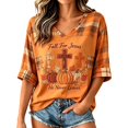 thumbnail image 3 of IDOCLOTHES Thanksgiving Tshirts Shirts for Women Loose Fit Black Cat Pumpkin Printed Fall For Jesus He Never Leaves Halloween Tops V Neck T Shirts Womens Clothes IDO03-Orange, M, 3 of 5