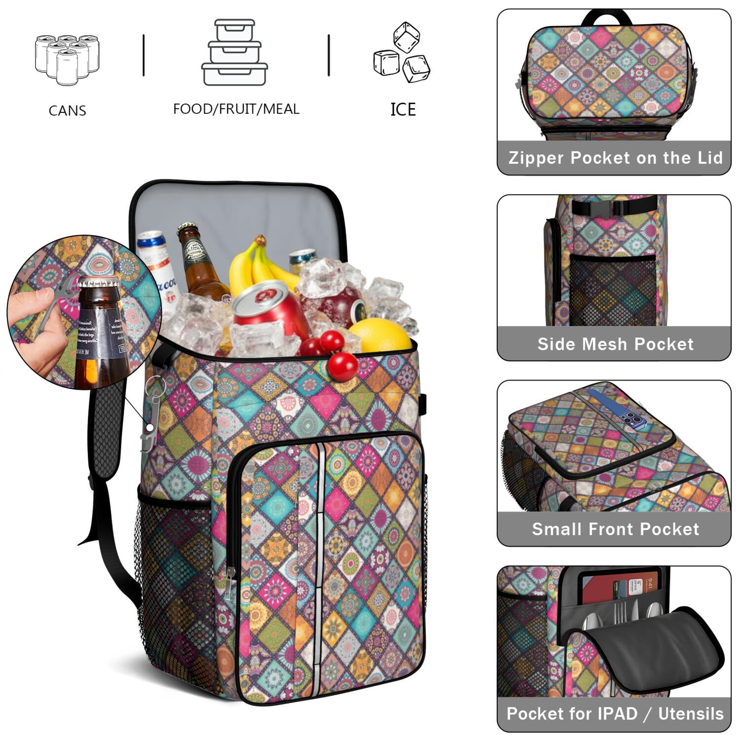 Travel Cooler Bag - Boho Bohemia Flower Camping Beer Cooler Backpack with Bottle Opener- Waterproof Insulated Picnic Backpacks - Cooler Bag for Beach