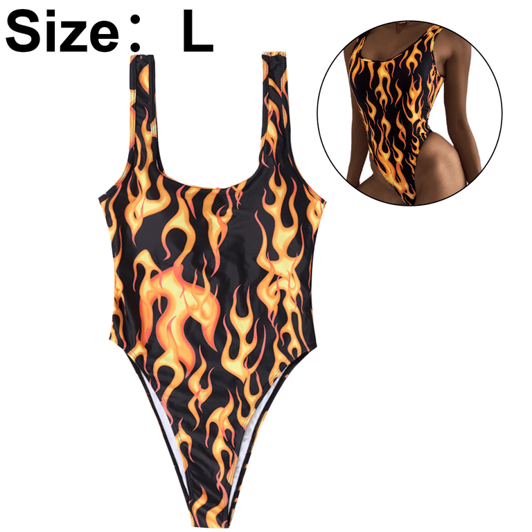 One Piece Swimsuit Flame Print High Cut Bodysuit Bikini Swimwear Tummy  Control Bathing Suit Rave for Womens - Black 