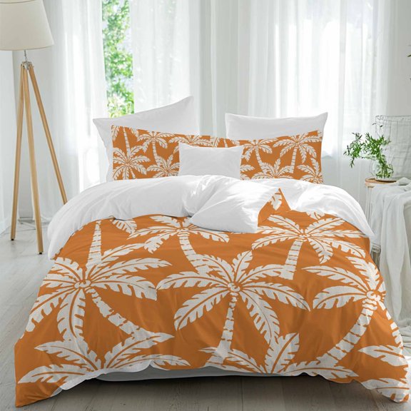 Duvet Cover Twin Size 3 Piece Bedding Set, Seaside Palm Tree on Orange Soft Breathable Comforter Cover with 2 Pillow Shams, Tropical Plant Seamless Luxury Duvet Covers with Zipper Closure