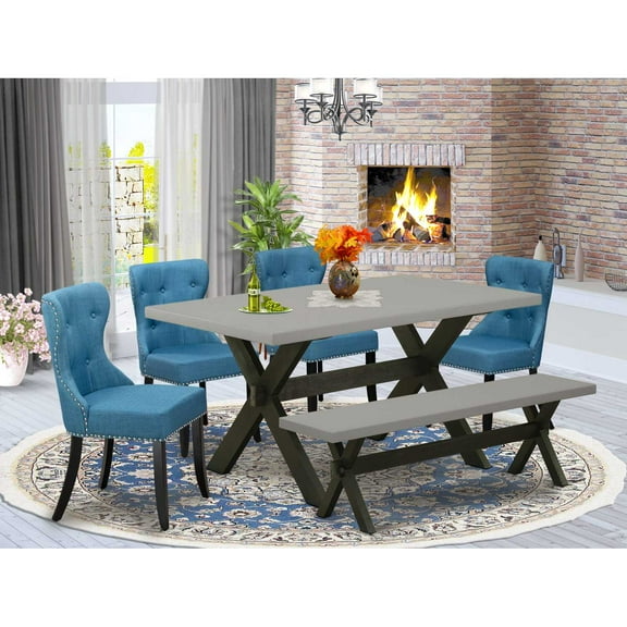East West Furniture X696SI121-6 6-Piece Dining Table Set- 4 Parson Chairs with Blue Linen Fabric Seat and Button Tufted Chair Back - Rectangular Top & Wooden Cross Legs Modern Dining Table and Wooden