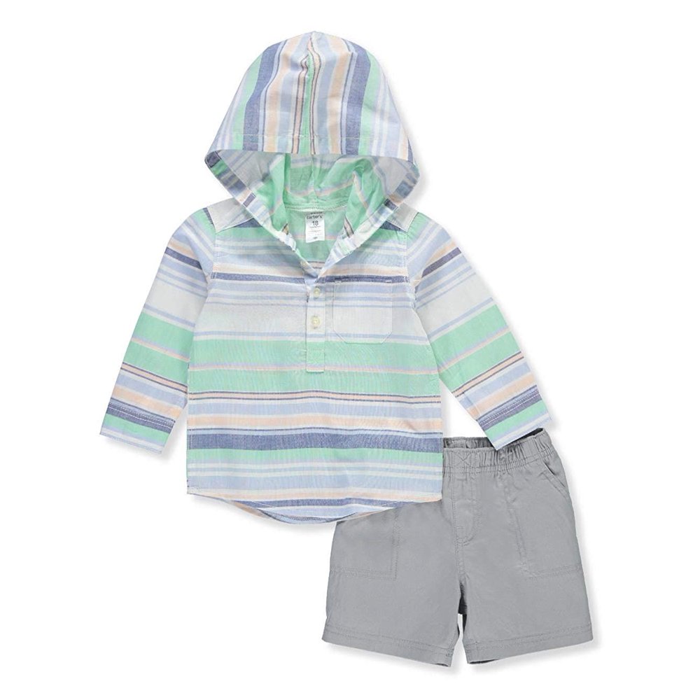 Carter's Baby Boys' 2 Pc Striped Striped Hooded Shirt and Flat Front Shorts Set (12 Months) Blue