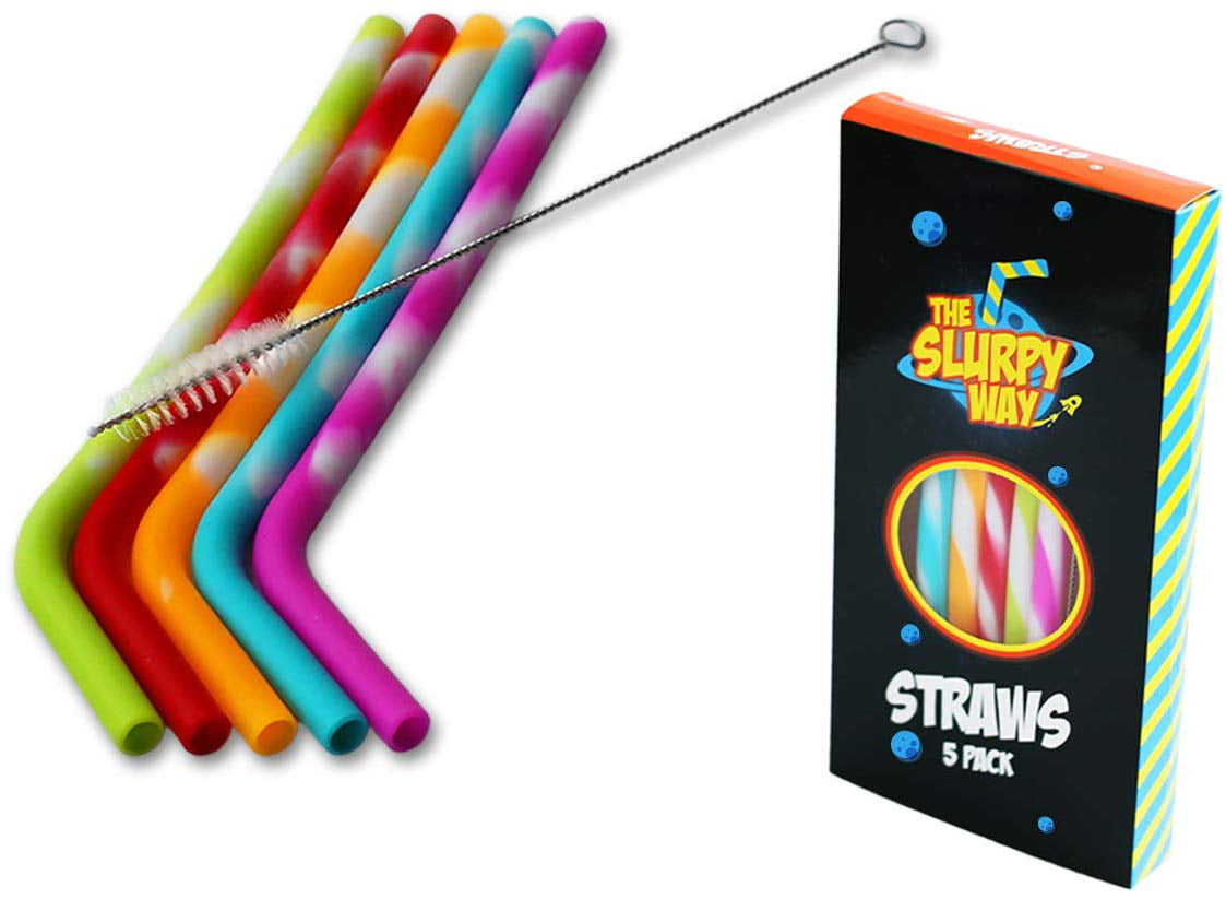 5 X Reusable Silicone Drinking Straw Eco Friendly Bar Straws Set Washable Party 