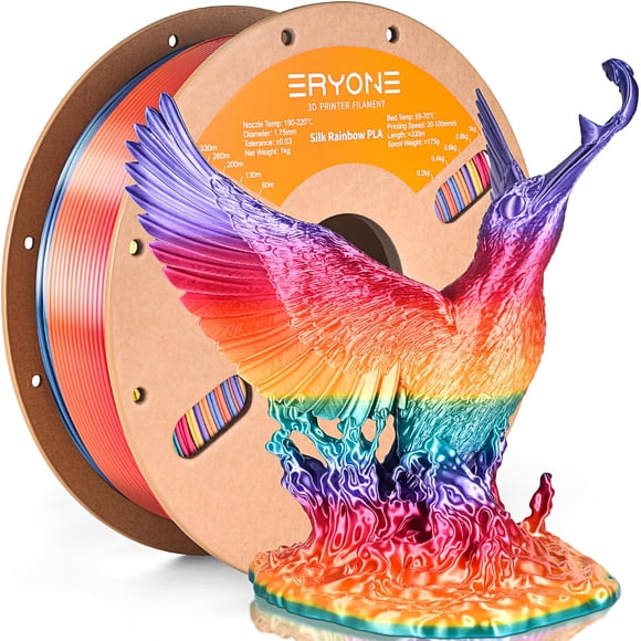 Filamento Pla Para Impresora 3D Eryone Silk Rainbow 1,75 +/- 0,03 Mm Filamento Multicolor Brillante Pla Degradado De Color Rápido 1 Kg (2,2 Libras) Arco Iris En Cascada