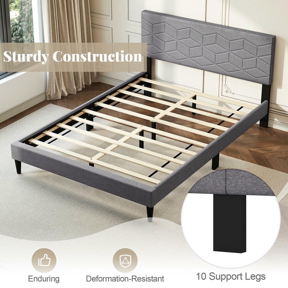 Barara King Full Size Bedroom Bed Frame with Linen Fabric Upholstered Headboard, Bed Platform Frame for Apartment, Bedroom, Gray
