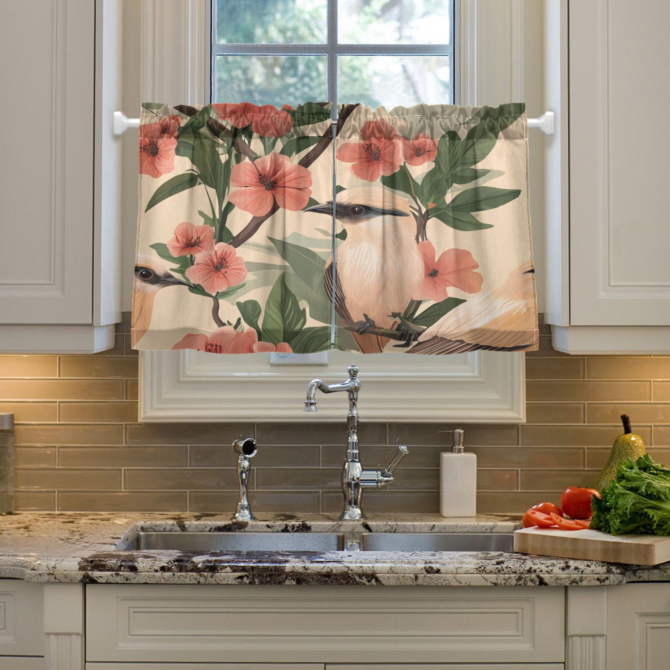 Charming Birds and Flowers 27"x36" Linen Look Cafe Curtain Set with Privacy and UV Protection