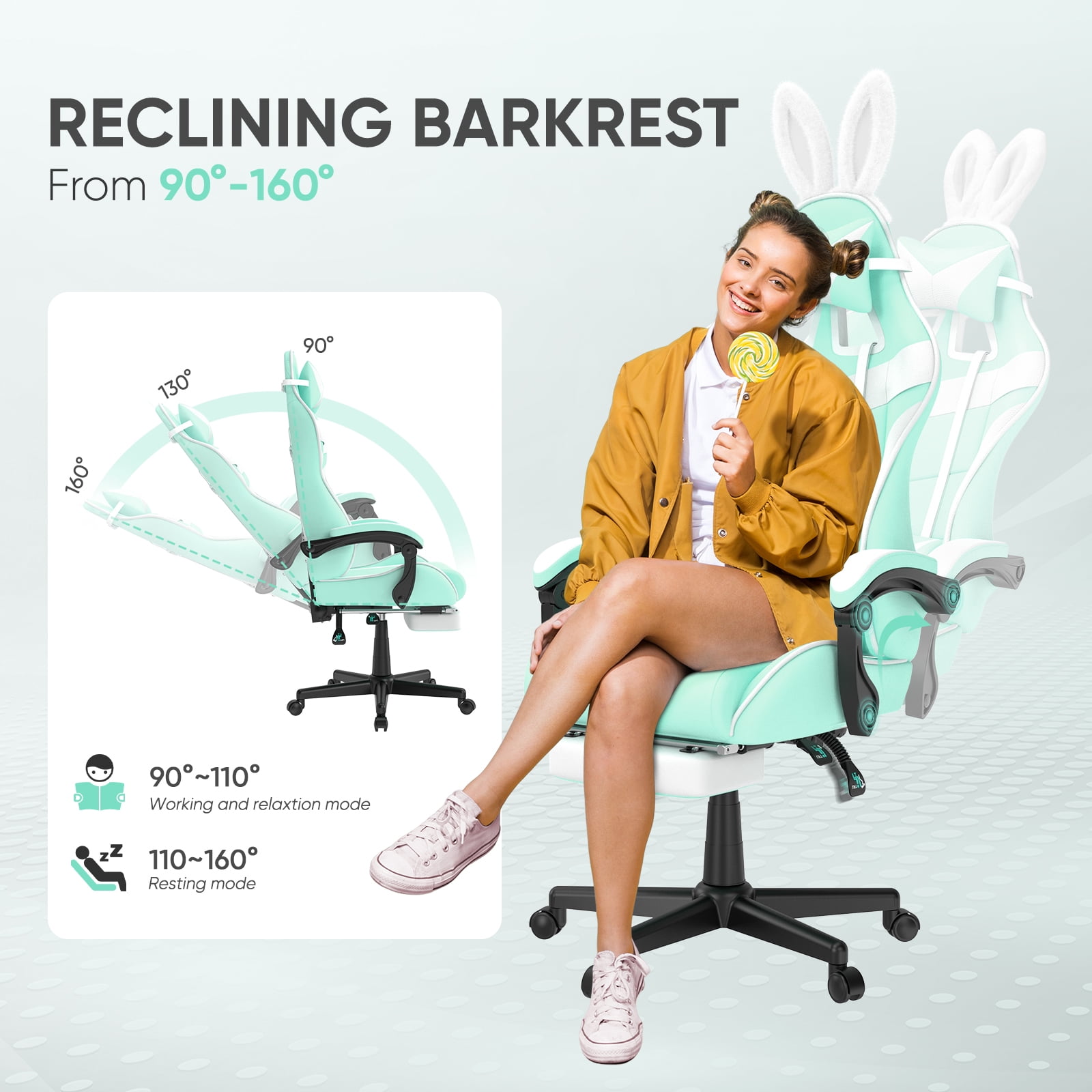 SOONTRANS Purple Gaming Chair with Footrest, Lovely Cute Bunny Ear Game Gamer Computer Chair with Massage Lumbar Support Headrest, Kawaii Desk Chair Chairs for Granddaughter,Sister,Girlfriend