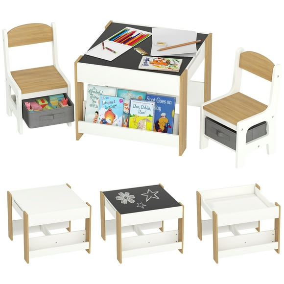 Qaba Ensemble de Table et Chaises pour Enfants 3 Pcs avec Plateau Réversible, Bois Naturel