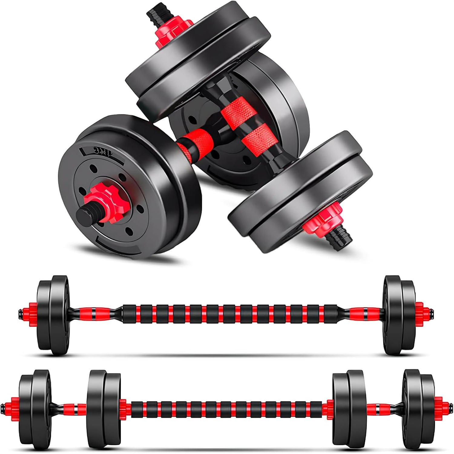 Adjustable Dumbbell Set of 2, Convertible to Barbell, 20 lbs (10 lbs Each), Red