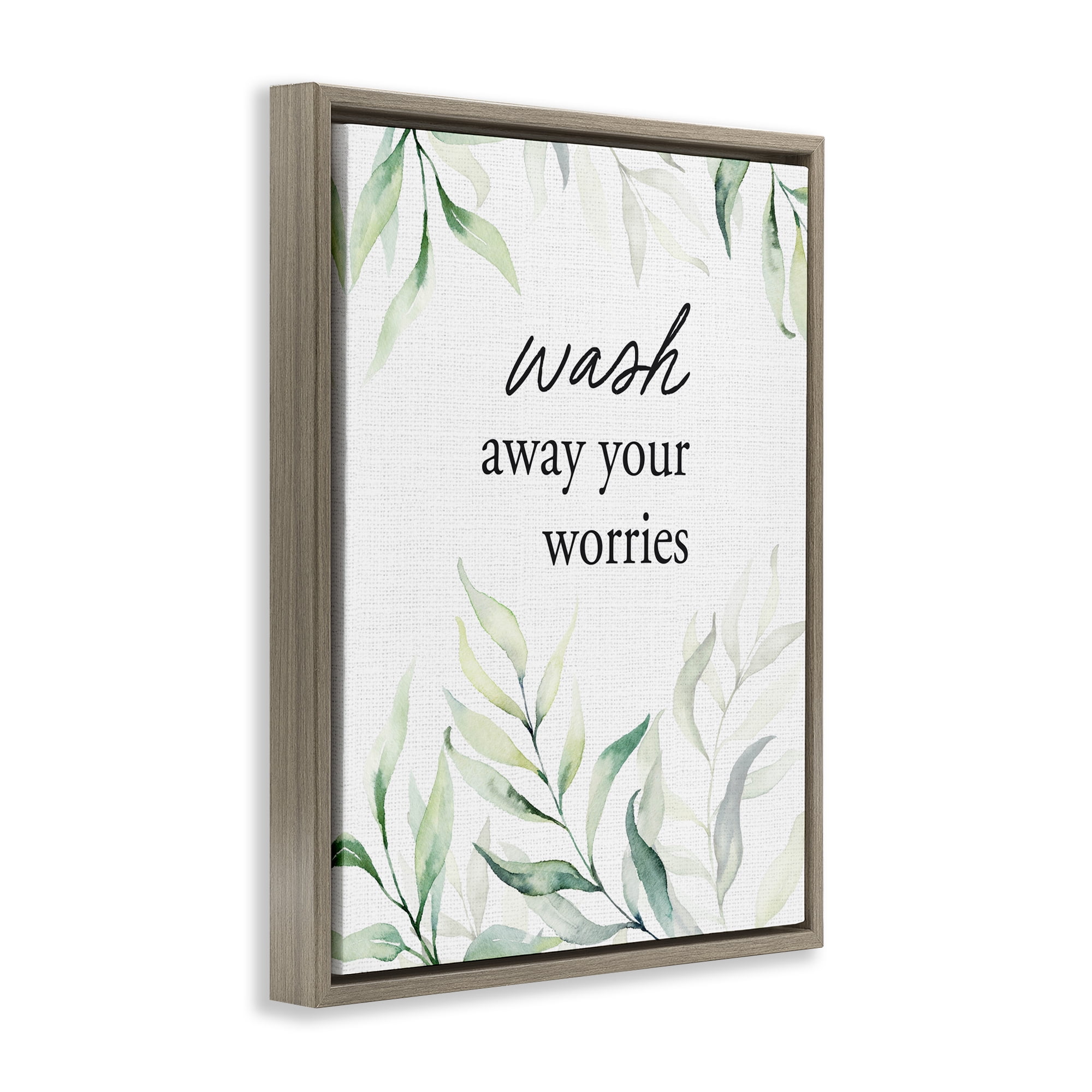 Wash Away Worries Greenery Brown Framed Floater Canvas Wall Art, design by Lettered and Lined