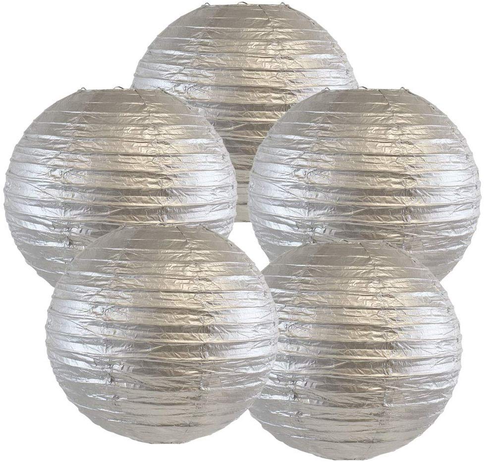 Just Artifacts 16" Silver Paper Lanterns (Set of 5) Decorative Round