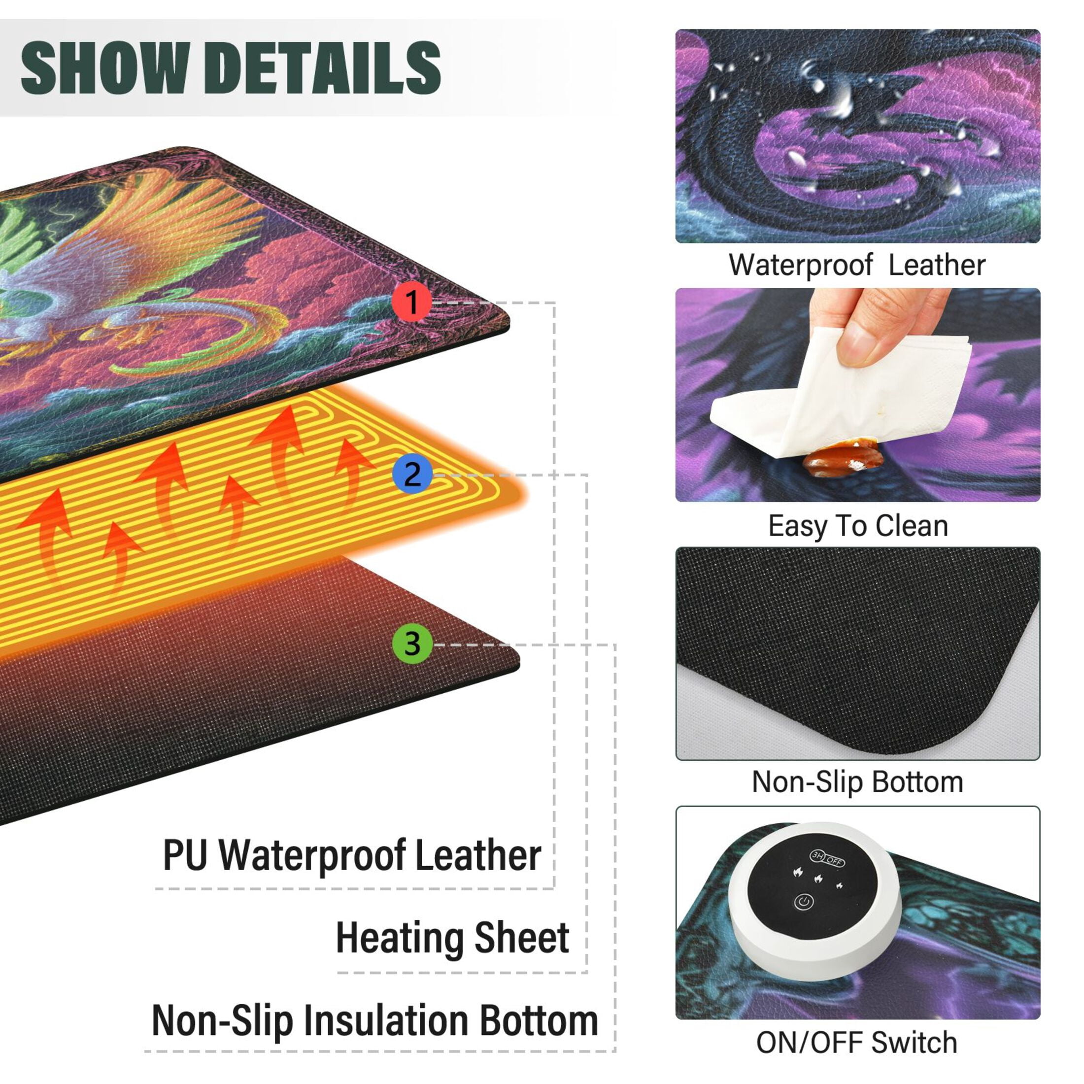 Large Heated Desk Mat Mouse Pad 31.5"x13"PU Leather Graphene Heating Desk Warmer with 3 Temperature Settings 110V US Plug Non-Slip Warm Pad for Home, Office, and Gaming Magic Dragon Game Card