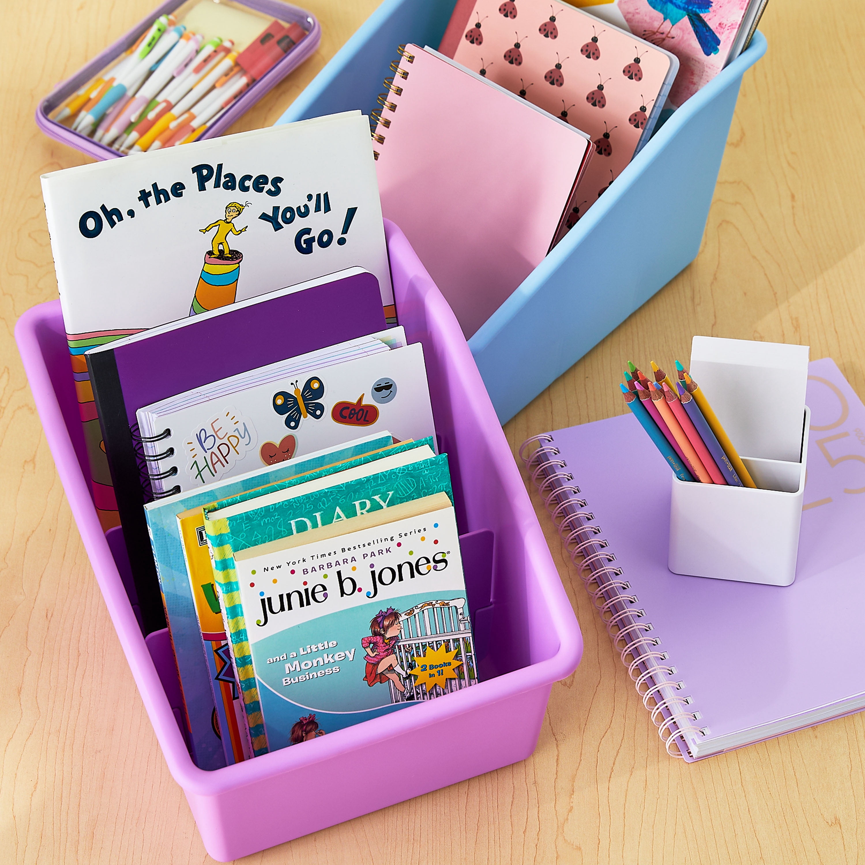Pen+Gear Large Book Bin with 2 Removable Dividers, 10.24" x 13.8" x 7.8", Violet