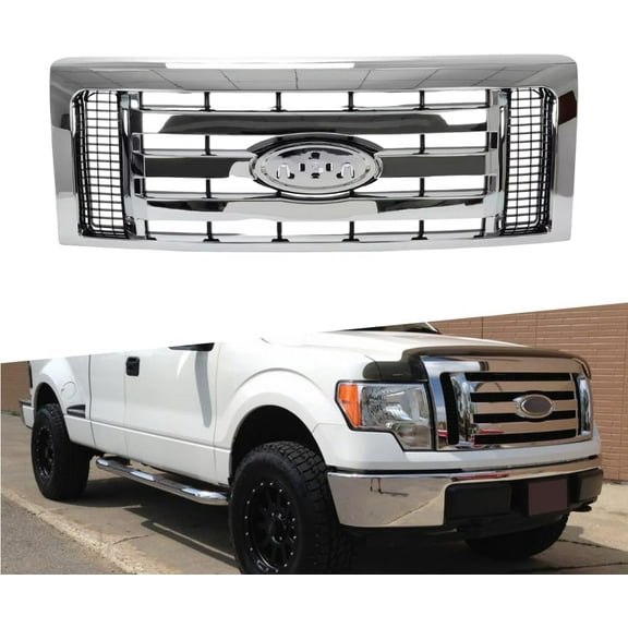 Chrome Front Grill Compatible with Ford F-150 F150 2009 2010 2011 2012 2013 2014 Models, No Emblem