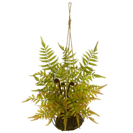 Nearly Natural 21in. Fern Artificial Plant in Metal Hanging Basket, Green