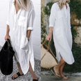 thumbnail image 2 of Femmes Chemise Robe Printemps Été Revers Bouton Manches Longues Côté Fendues Robes Élégant Solide Bureau Vestidos Femme Robe Tunique, 2 of 7