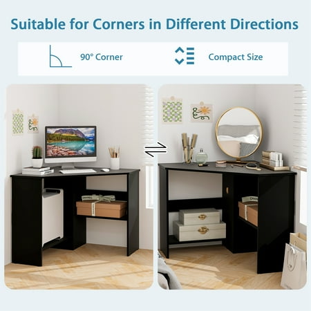 Costway Corner Computer Desk Triangle Writing Workstation w/ Storage Shelf - Black