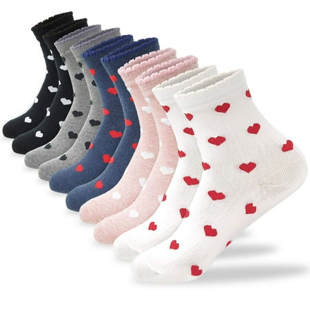 

CUTIE MANGO Women s Heart Pattern Print Cotton Crew Socks Novelty Casual Soft Cute Lovely Crazy Fun (10 Pairs_5 Colors (2 Pairs Per Each Color))