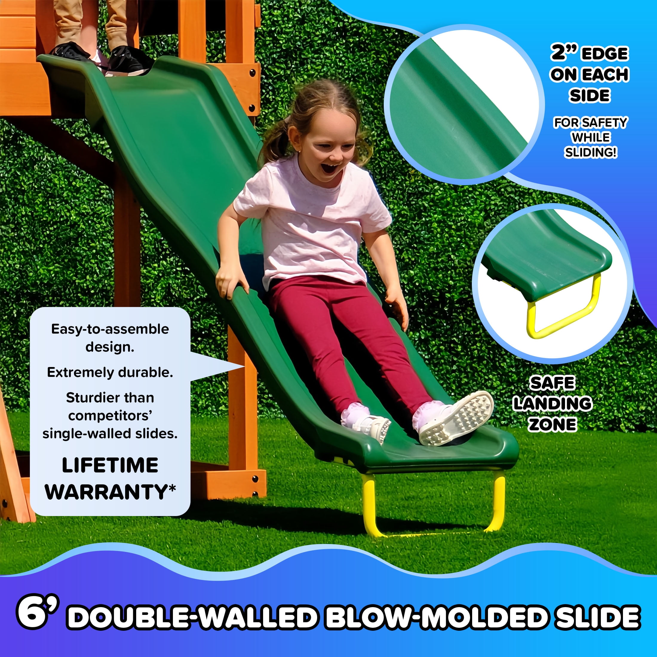 Sportspower Amelia Wooden Swing Set 2 Person Saucer Swing 6 Blow Molded Slide Swing Play Fort Heavy Duty Double A Frame Lifetime Warranty Slide